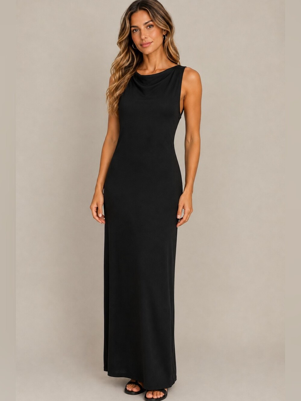 See You Monday Black Sleeveless Maxi Dress with Draped Neck